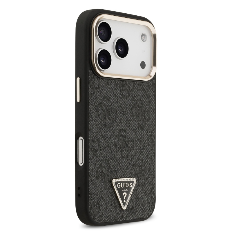 Guess PU bőr 4G strassz háromszög logóval, arany kerettel ellátott MagSafe hátlap az iPhone 18 Pro-hoz, fekete
