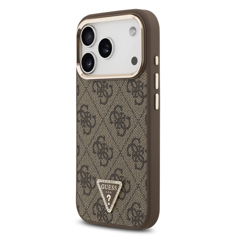 Guess PU bőr 4G strasszos háromszög logós, aranykeretes MagSafe hátsó tok iPhone 18 Pro-hoz, barna