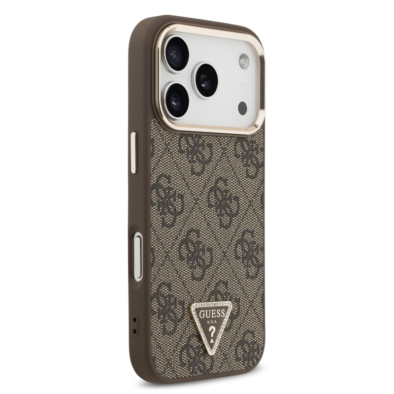 Guess PU bőr 4G strasszos háromszög logós, aranykeretes MagSafe hátsó tok iPhone 18 Pro-hoz, barna