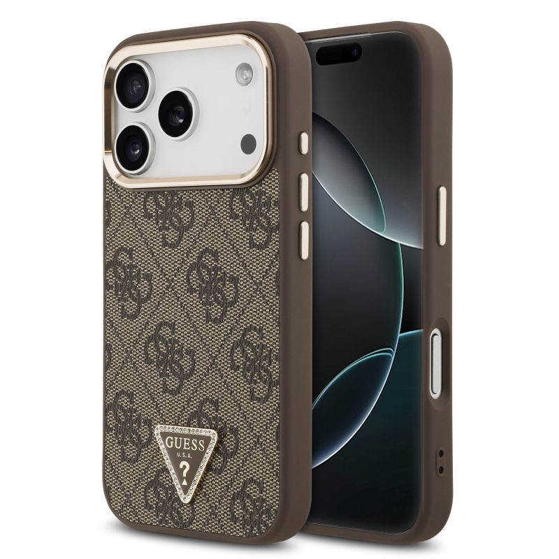 Guess PU bőr 4G strasszos háromszög logós, aranykeretes MagSafe hátsó tok iPhone 18 Pro-hoz, barna