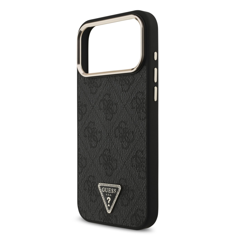 Guess PU bőr 4G strasszos háromszög logós, arany keretes MagSafe hátlap az iPhone 18 Pro Max-hoz, fekete