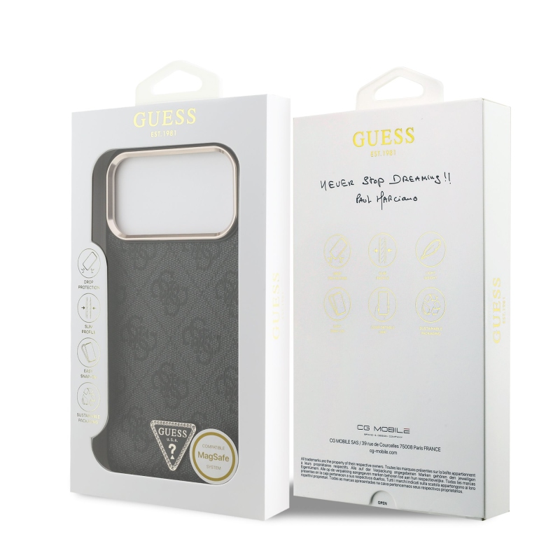 Guess PU bőr 4G strasszos háromszög logós, arany keretes MagSafe hátlap az iPhone 18 Pro Max-hoz, fekete