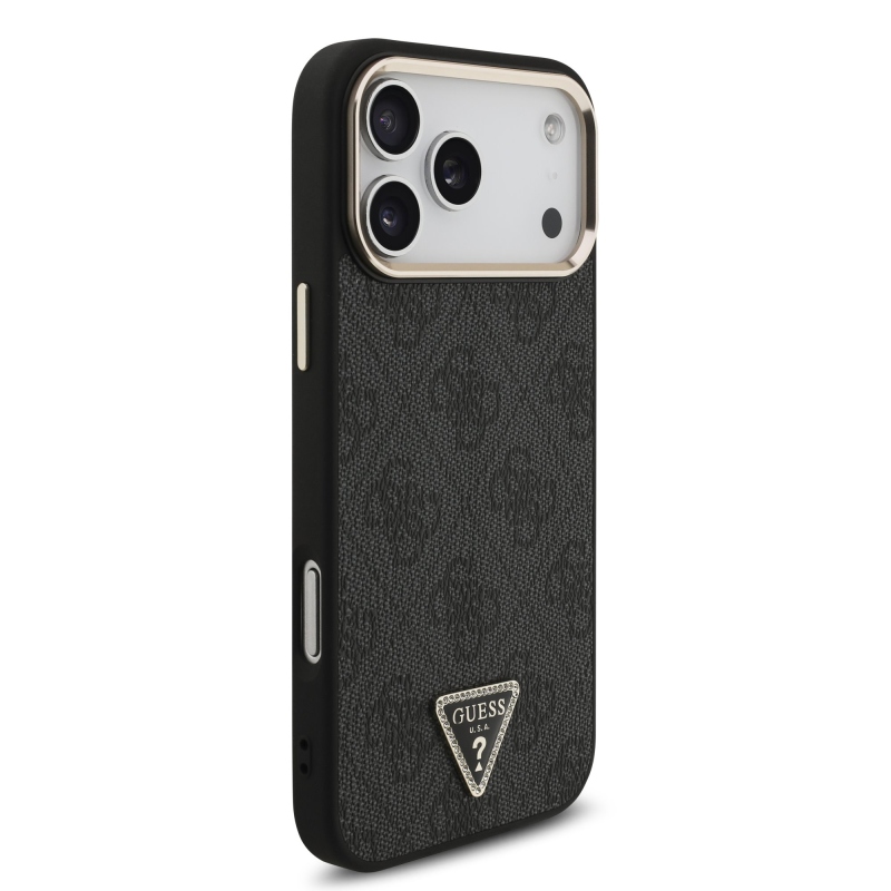 Guess PU bőr 4G strasszos háromszög logós, arany keretes MagSafe hátlap az iPhone 18 Pro Max-hoz, fekete