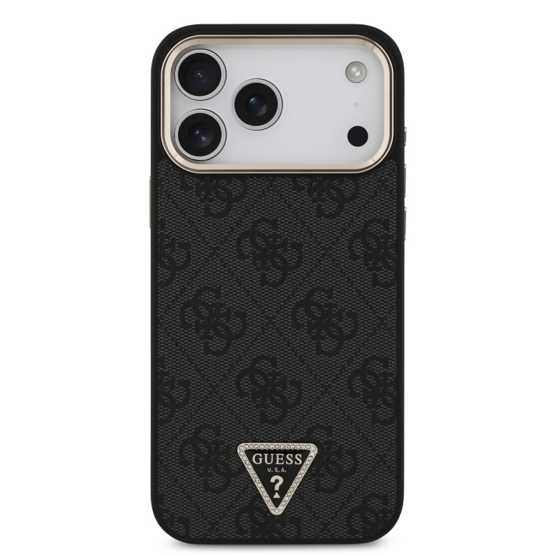 Guess PU bőr 4G strasszos háromszög logós, arany keretes MagSafe hátlap az iPhone 18 Pro Max-hoz, fekete