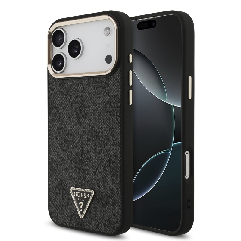 Guess PU bőr 4G strasszos háromszög logós, arany keretes MagSafe hátlap az iPhone 18 Pro Max-hoz, fekete