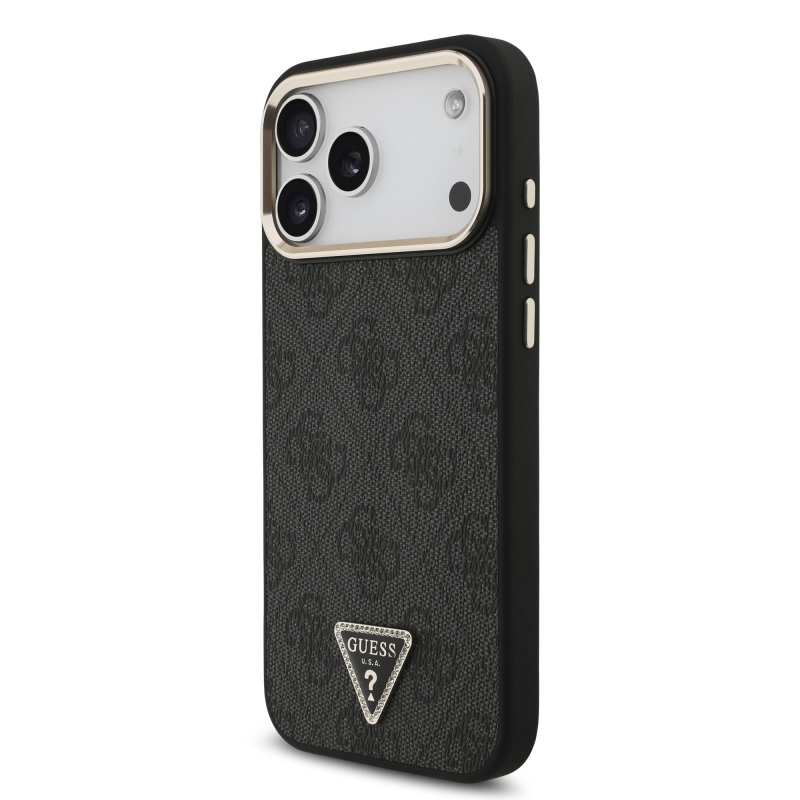 Guess PU bőr 4G strasszos háromszög logós, arany keretes MagSafe hátlap az iPhone 18 Pro Max-hoz, fekete