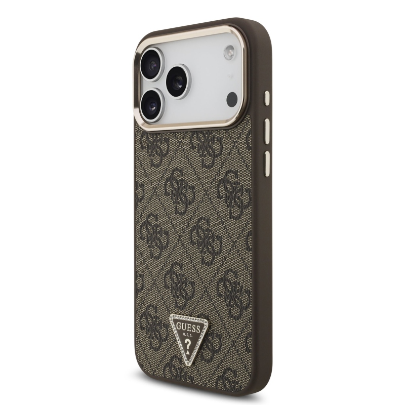 Guess PU bőr 4G strassz háromszög logóval, arany kerettel ellátott MagSafe hátlap az iPhone 18 Pro Max-hoz, barna