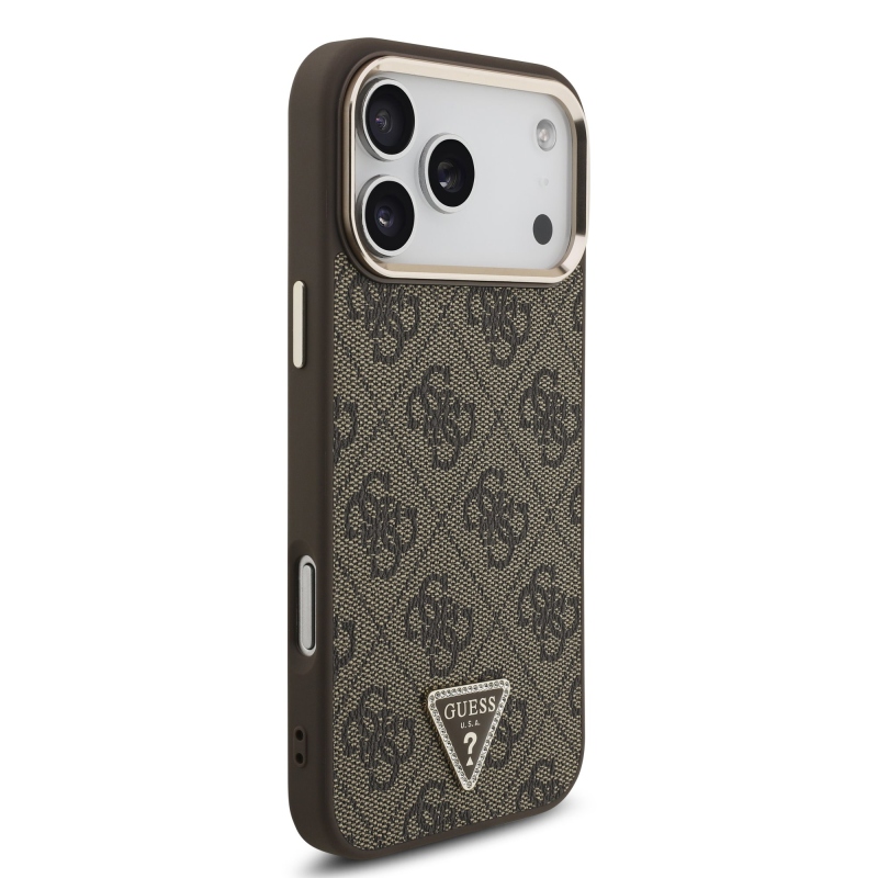 Guess PU bőr 4G strassz háromszög logóval, arany kerettel ellátott MagSafe hátlap az iPhone 18 Pro Max-hoz, barna