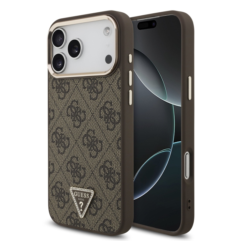 Guess PU bőr 4G strassz háromszög logóval, arany kerettel ellátott MagSafe hátlap az iPhone 18 Pro Max-hoz, barna