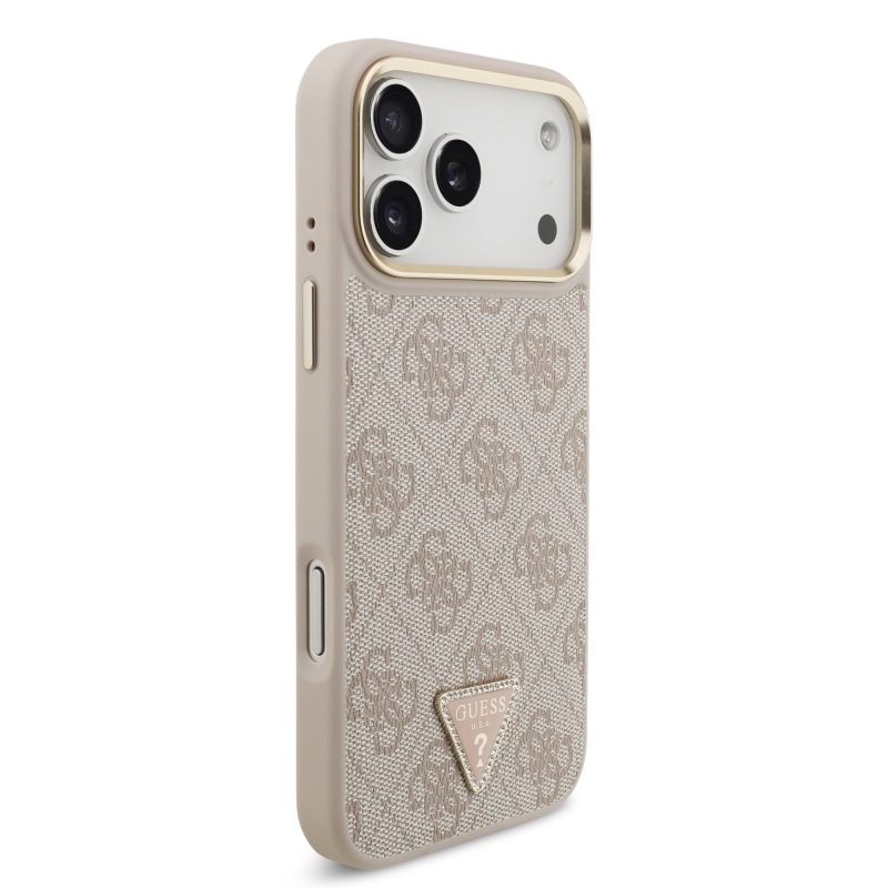 Guess PU bőr 4G strasszos háromszög logós, aranykeretes MagSafe hátsó tok iPhone 18 Pro Max-hoz, rózsaszín