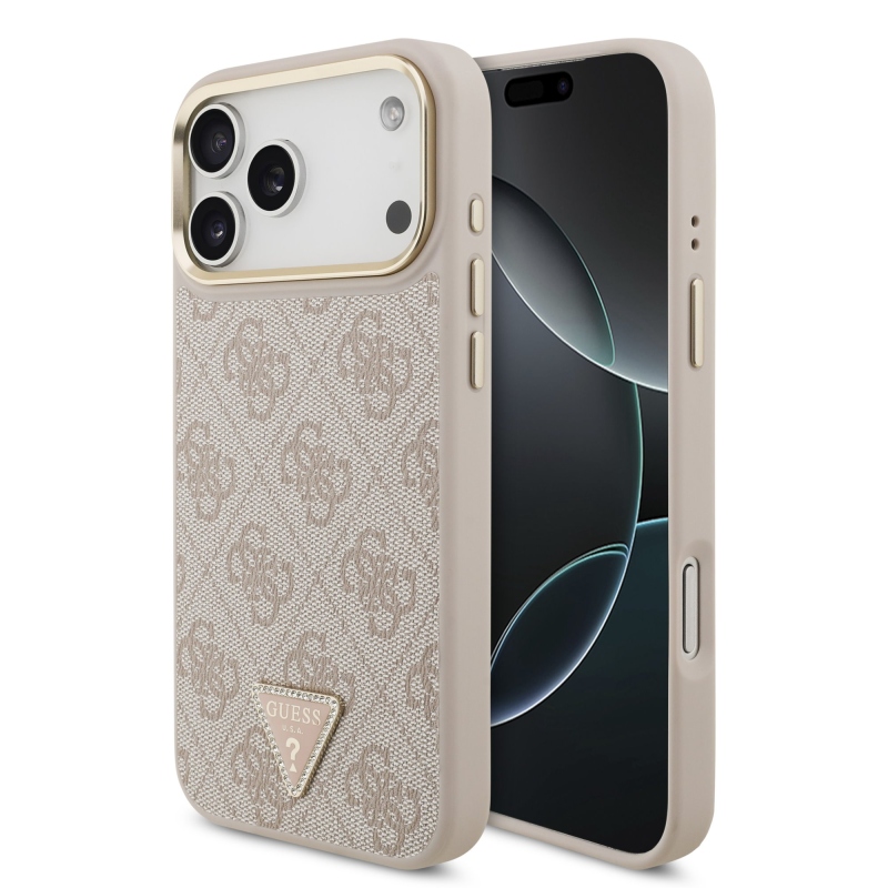Guess PU bőr 4G strasszos háromszög logós, aranykeretes MagSafe hátsó tok iPhone 18 Pro Max-hoz, rózsaszín