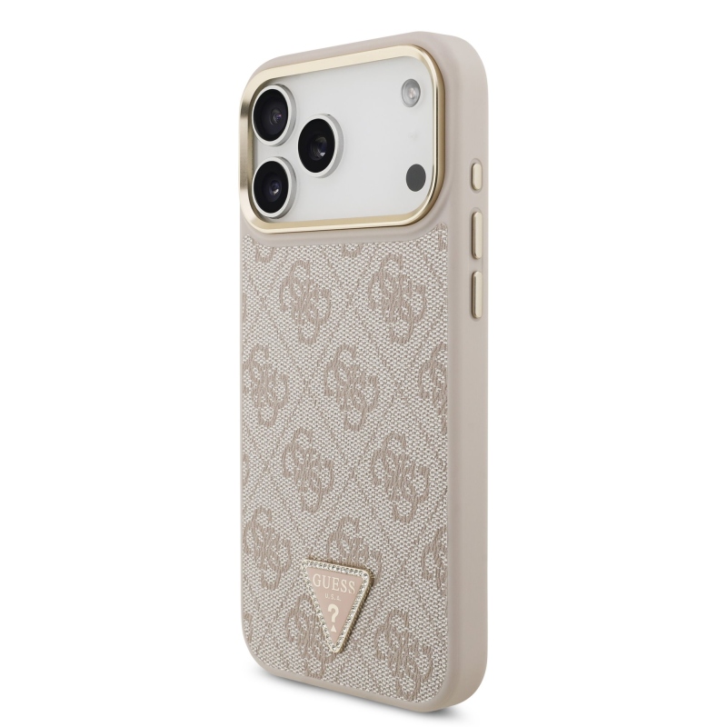 Guess PU bőr 4G strasszos háromszög logós, aranykeretes MagSafe hátsó tok iPhone 18 Pro Max-hoz, rózsaszín