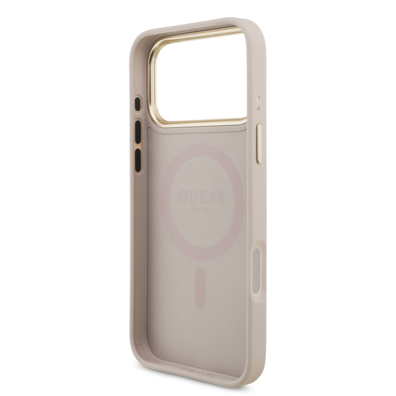 Guess PU bőr 4G strasszos háromszög logós, aranykeretes MagSafe hátsó tok iPhone 18 Pro Max-hoz, rózsaszín