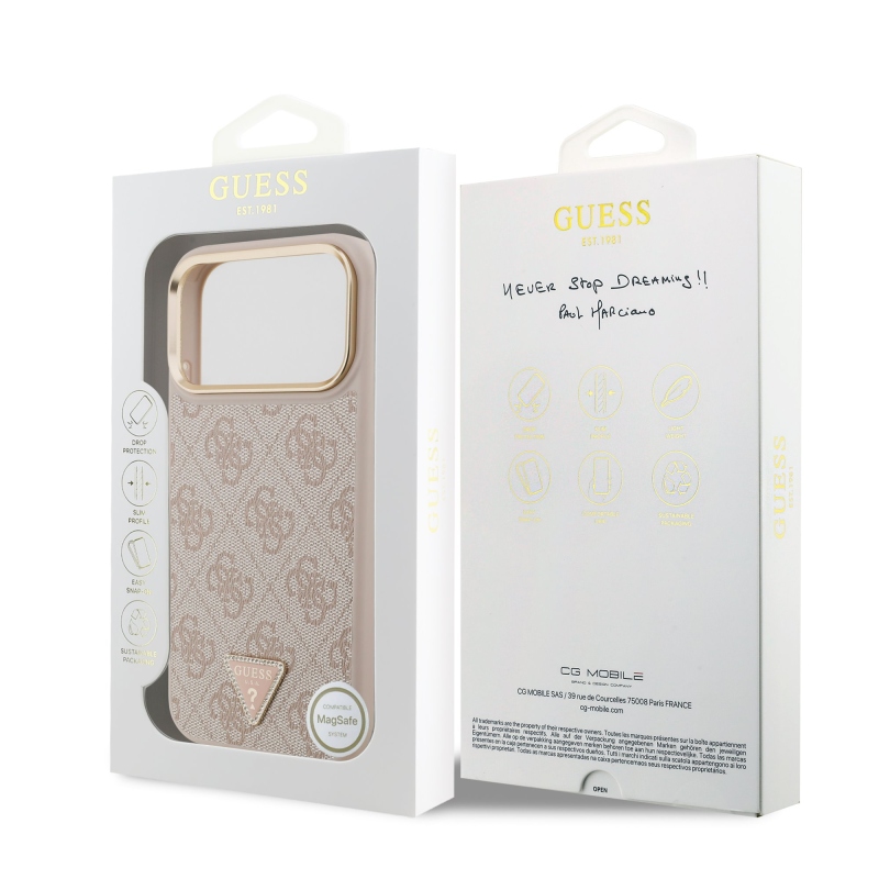Guess PU bőr 4G strasszos háromszög logós, aranykeretes MagSafe hátsó tok iPhone 18 Pro Max-hoz, rózsaszín