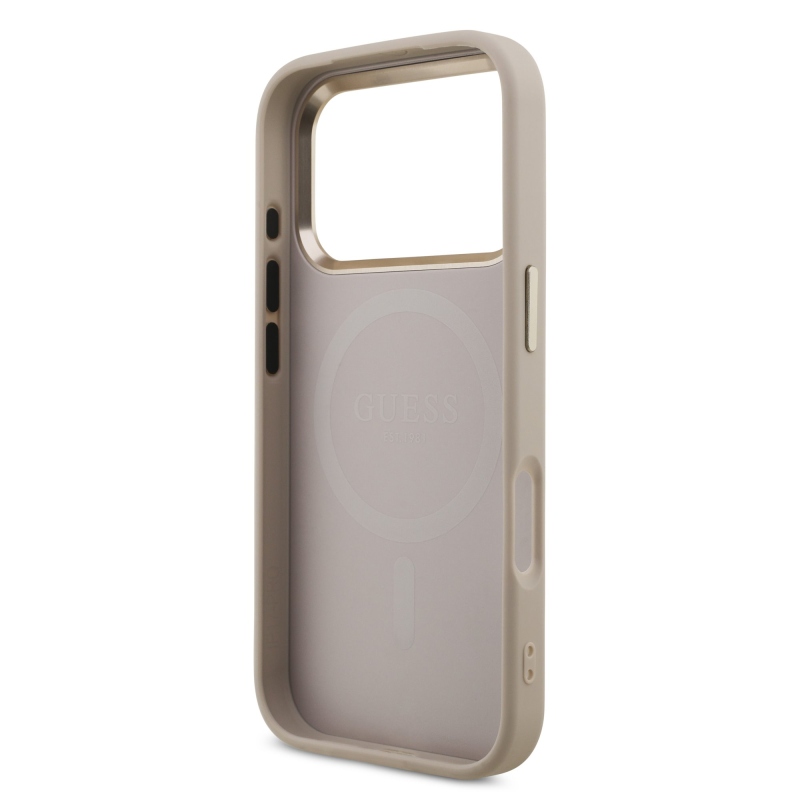 Guess PU bőr 4G strasszos háromszög logós, aranykeretes MagSafe hátlap az iPhone 18 Pro-hoz, rózsaszín