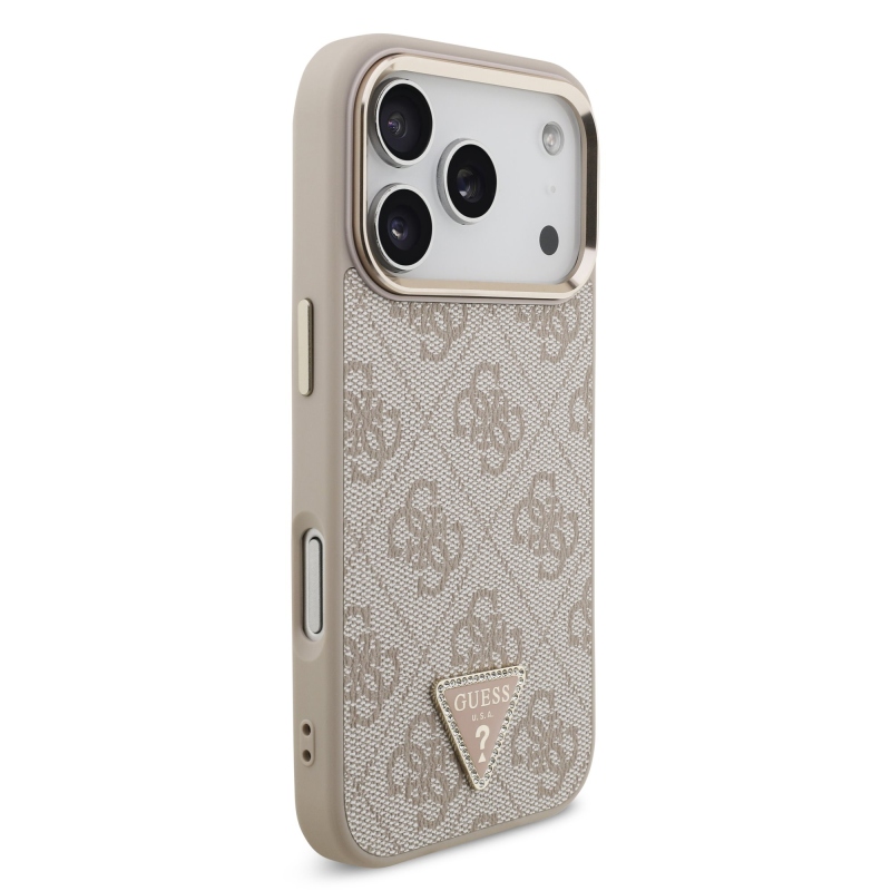 Guess PU bőr 4G strasszos háromszög logós, aranykeretes MagSafe hátlap az iPhone 18 Pro-hoz, rózsaszín