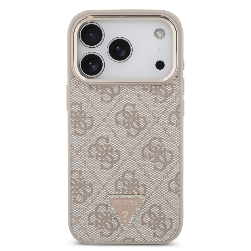 Guess PU bőr 4G strasszos háromszög logós, aranykeretes MagSafe hátlap az iPhone 18 Pro-hoz, rózsaszín