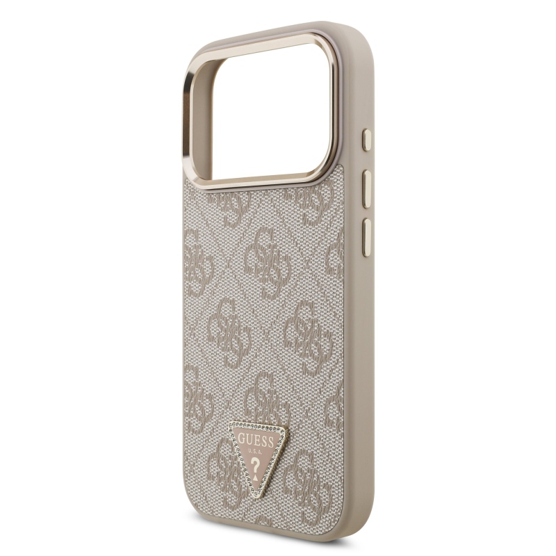 Guess PU bőr 4G strasszos háromszög logós, aranykeretes MagSafe hátlap az iPhone 18 Pro-hoz, rózsaszín