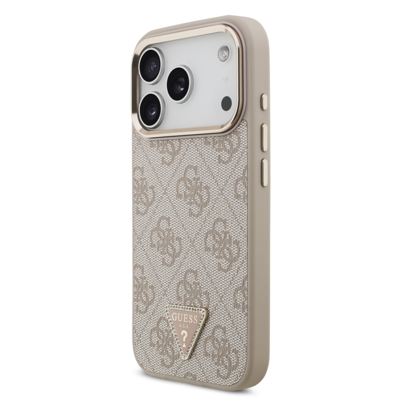 Guess PU bőr 4G strasszos háromszög logós, aranykeretes MagSafe hátlap az iPhone 18 Pro-hoz, rózsaszín