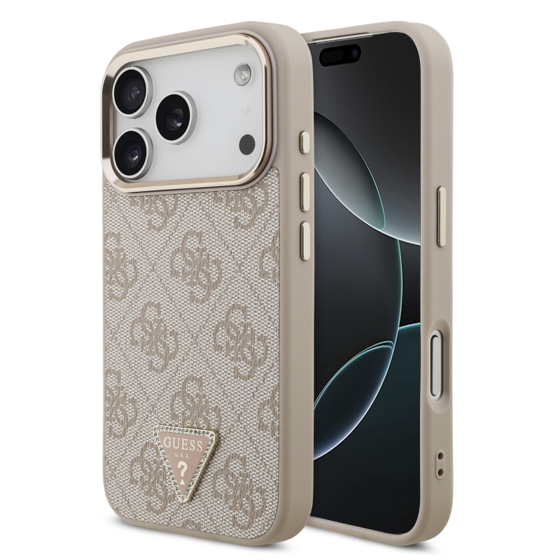 Guess PU bőr 4G strasszos háromszög logós, aranykeretes MagSafe hátlap az iPhone 18 Pro-hoz, rózsaszín