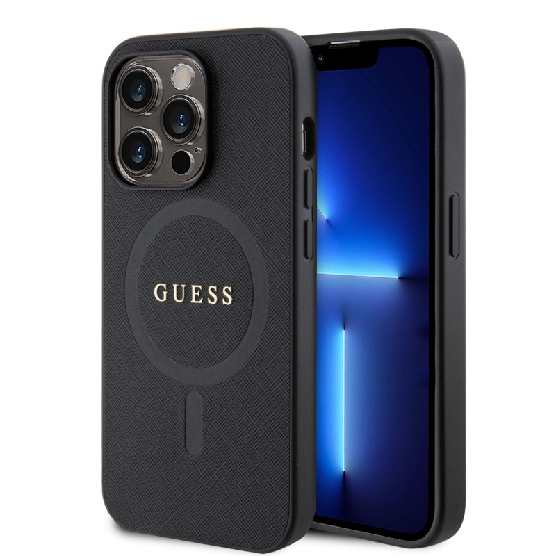 Guess PU Saffiano MagSafe MagSafe hátlap iPhone 15 Pro Max-hoz Fekete