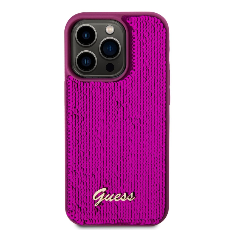 Guess Sequin Script Logo hátlap iPhone 14 Pro Max Magenta színű borító iPhone 14 Pro Max készülékhez