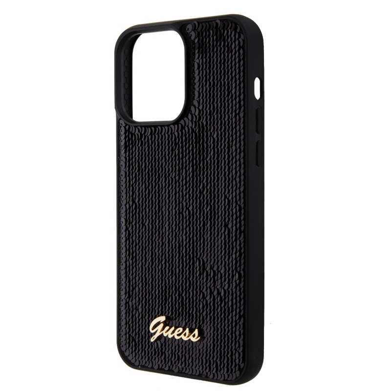 Guess Sequin Script Logo hátlap iPhone 15 Pro fekete színű borítóhoz