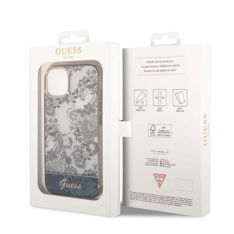 Guess toile zselés tok fix hátlappal iPhone 14 Plus készülékhez - szürke
