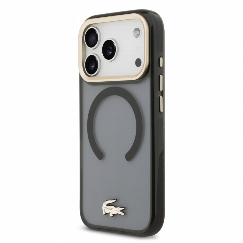 Lacoste IML ütésálló Petit Pique arany logós MagSafe hátsó tok iPhone 18 Pro-hoz, fekete