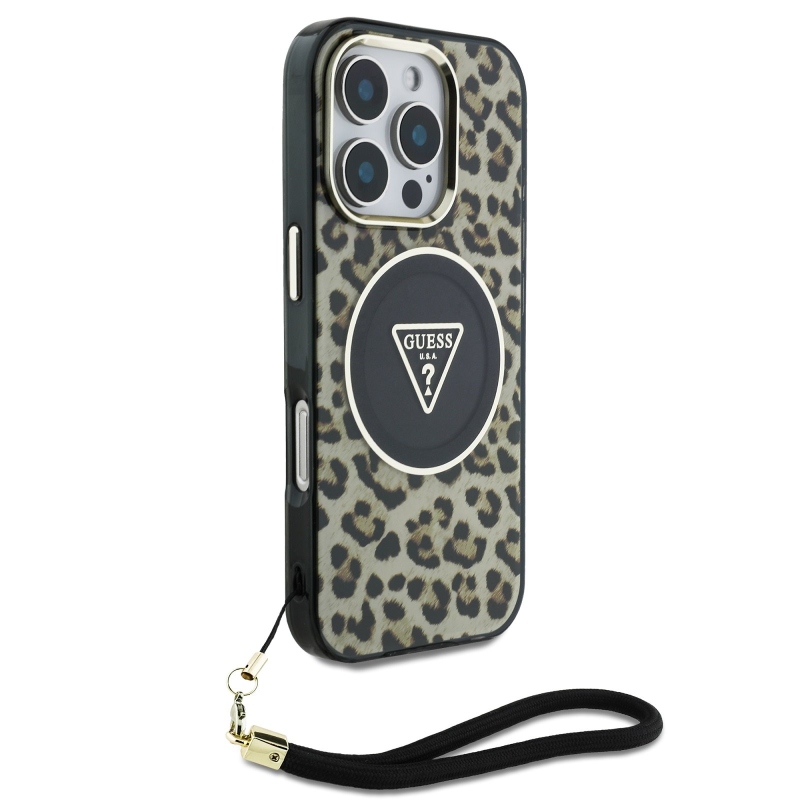Guess IML Leopard Leopárd háromszög logó szíj MagSafe hátlap iPhone 16 Pro Max barna színű hátlaphoz