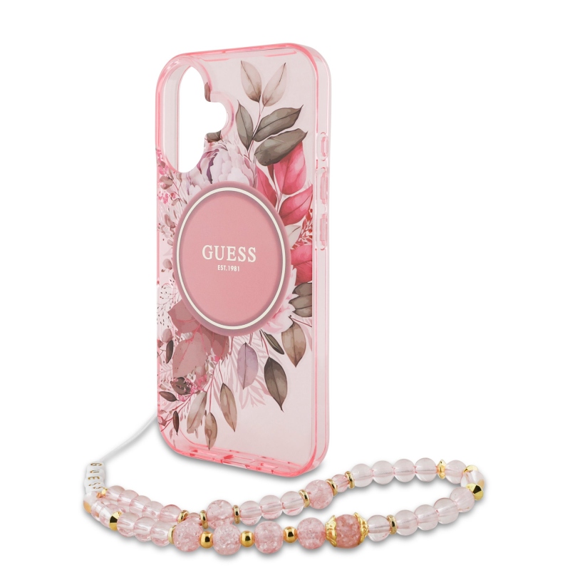 Guess IML Flowers Strap MagSafe hátlapi borító iPhone 16 Plus rózsaszínű készülékhez