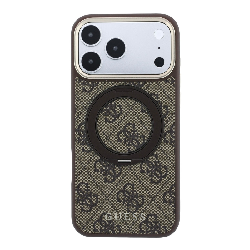 Guess PU 4G Ring Stand MagSafe hátsó tok iPhone 18 Pro-hoz, barna
