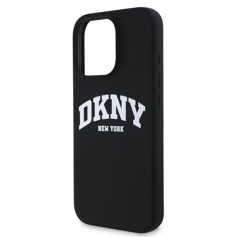 DKNY Liquid Silicone Arch Logo MagSafe hátlapi borító iPhone 16 Pro-hoz Fekete