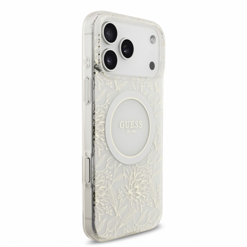 Guess IML Flowers Allover Strap MagSafe hátsó tok iPhone 18 Pro Max-hoz, fehér