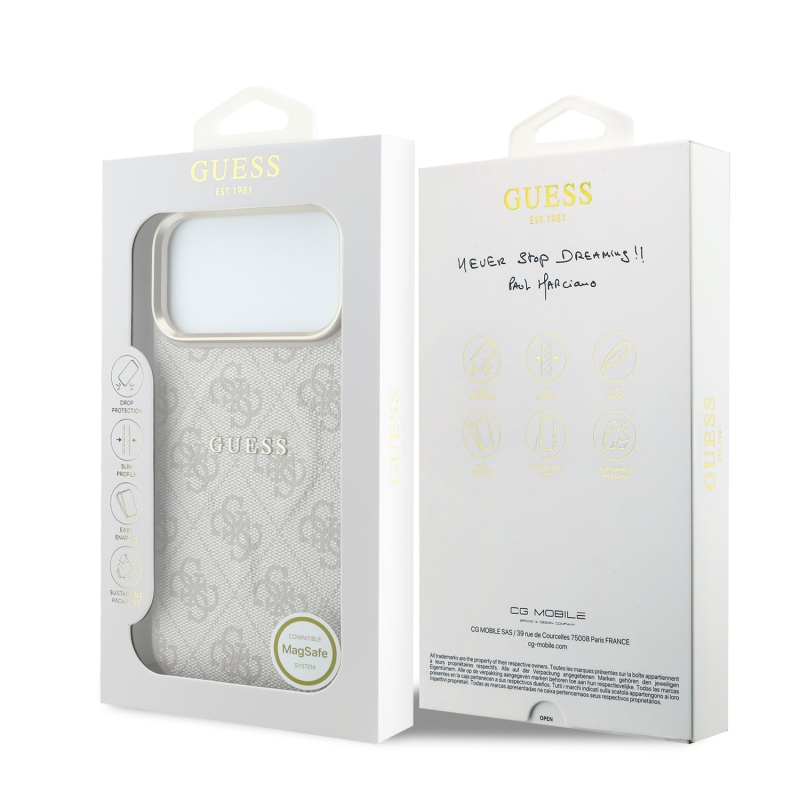 Guess PU bőr 4G aranykeretes, dombornyomott MagSafe hátsó tok iPhone 18 Pro-hoz, rózsaszín