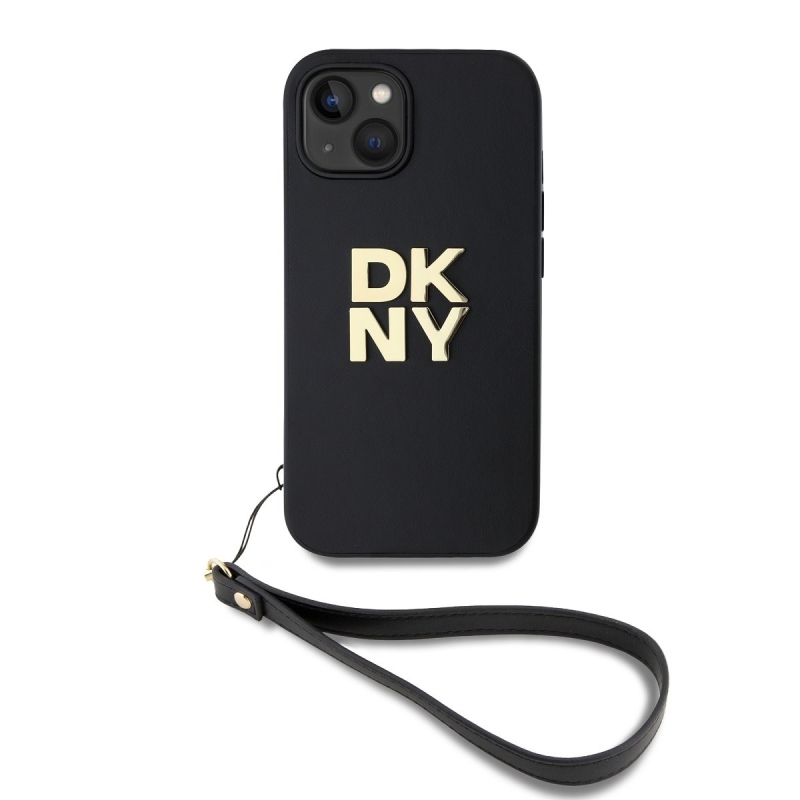 DKNY PU bőr Stack Logo csuklópánt hátlapi borító iPhone 14 Fekete
