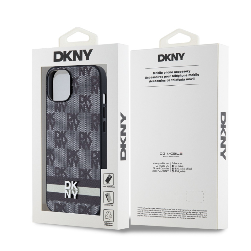 DKNY PU bőr kockás mintás és csíkos hátlapi borító iPhone 13-hoz Fekete