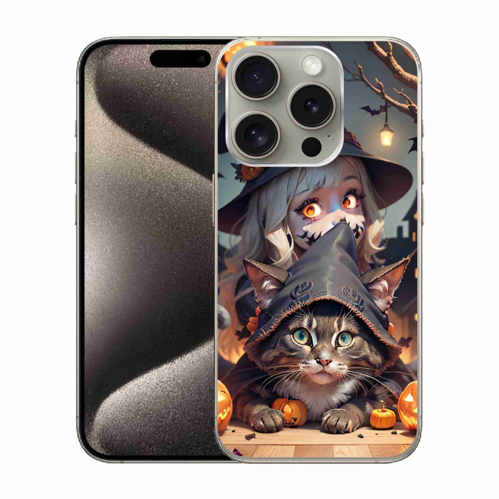 Zselés borítás mmCase iPhone 15 Pro készülékhez - boszorkány macskával