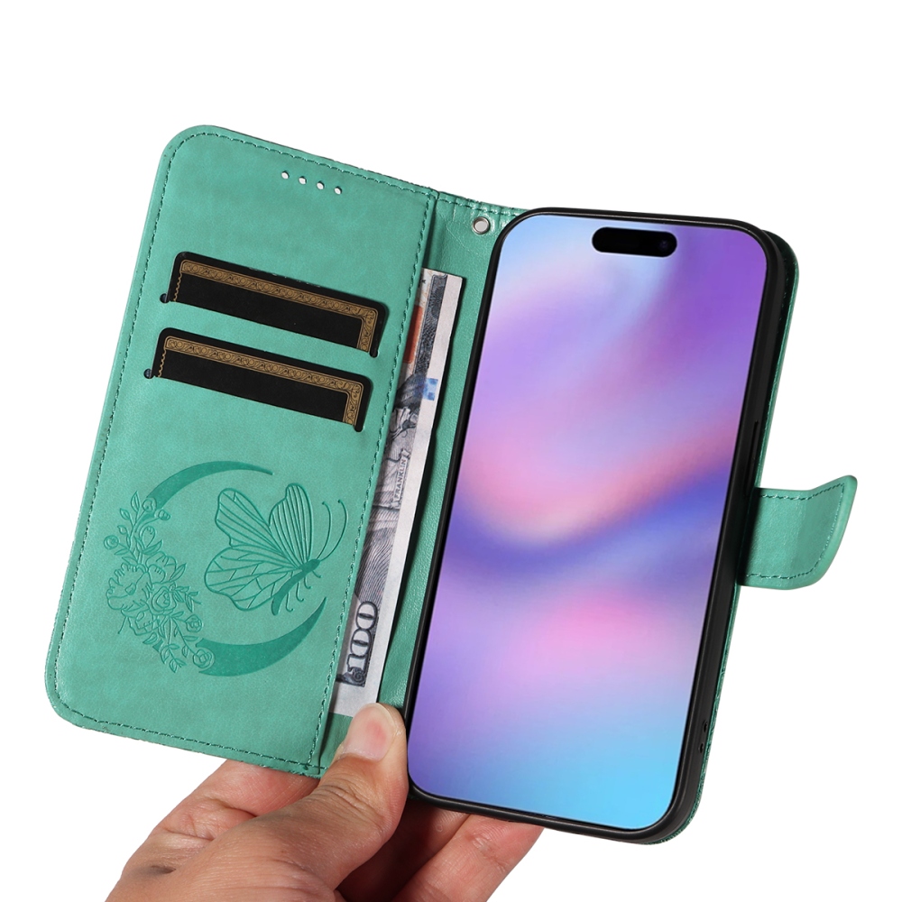 Virágos pillangó könyvtáska iPhone 17 készülékhez - teal színű