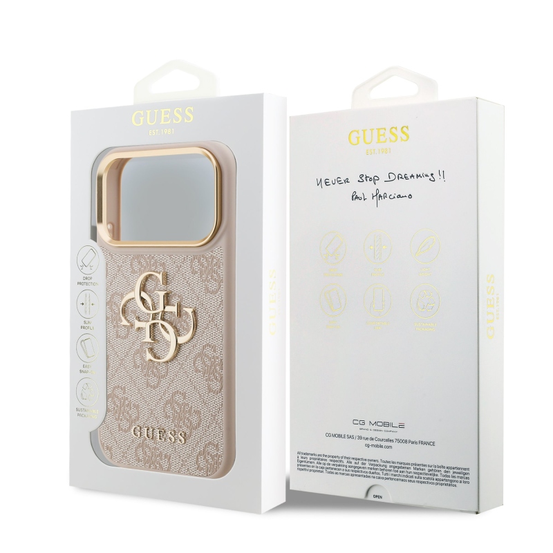 Guess PU bőr 4G fém logós, arany keretes hátsó tok iPhone 18 Pro-hoz, rózsaszín