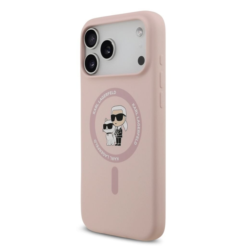 Karl Lagerfeld Liquid Silicone Karl és Choupette MagSafe hátsó tok iPhone 18 Pro Max-hoz, rózsaszín