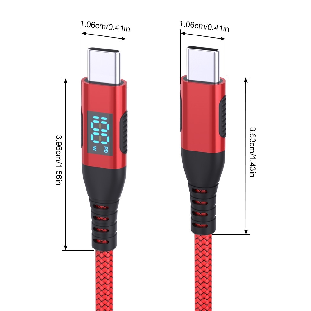 Nejlon USB-C / USB-C kijelzőkábellel 1m 100W - piros