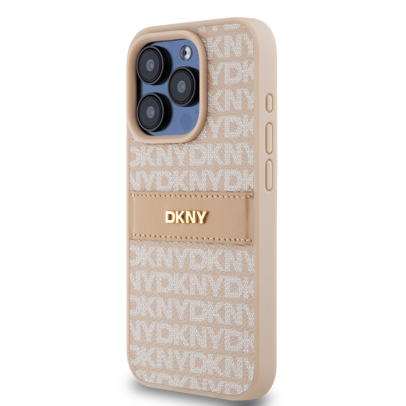 DKNY PU bőr ismétlődő mintás tonális csíkos hátlapi borító iPhone 14 Pro rózsaszínhez