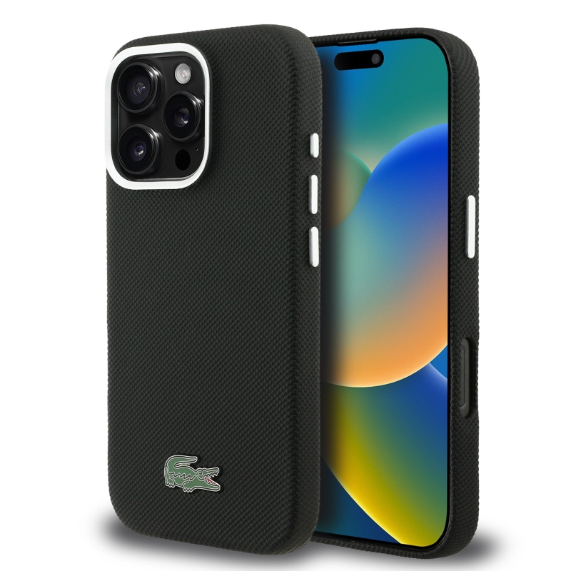 Lacoste PVC Iconic Petit Pique fém logó MagSafe hátlap iPhone 16 Pro Max-hoz Fekete