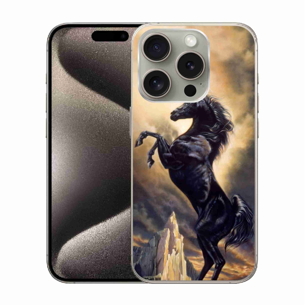 Zselés borítás mmCase iPhone 15 Pro készülékhez - fekete rajzfilm ló