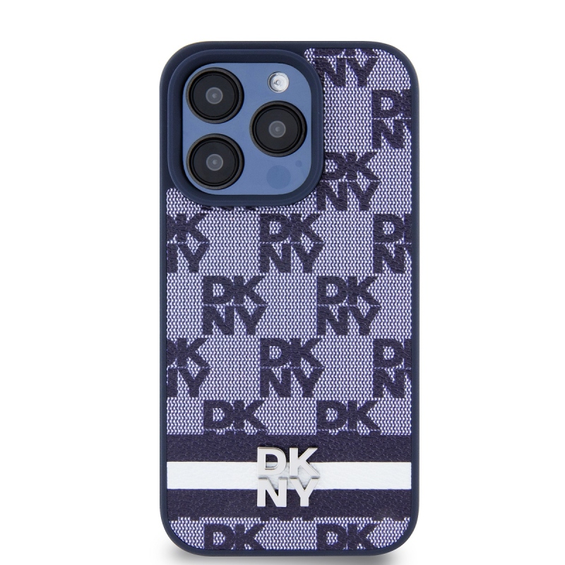 DKNY PU bőr kockás mintás és csíkos hátlapi borító iPhone 15 Pro Max kékhez