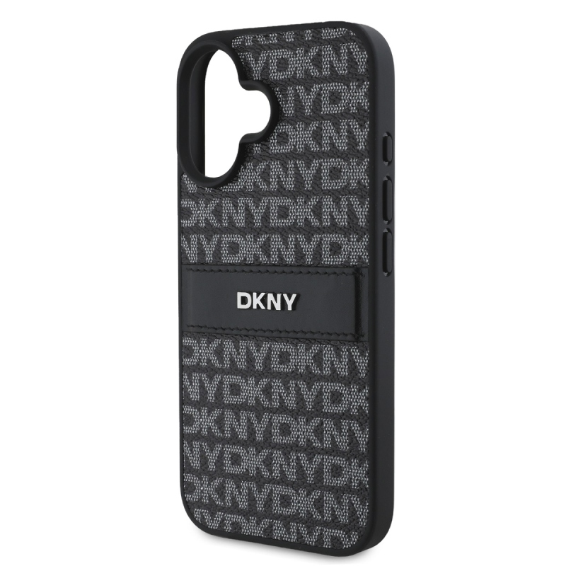 DKNY PU bőr ismétlődő mintás tonális csíkos hátlap iPhone 16 Plus-hoz Fekete