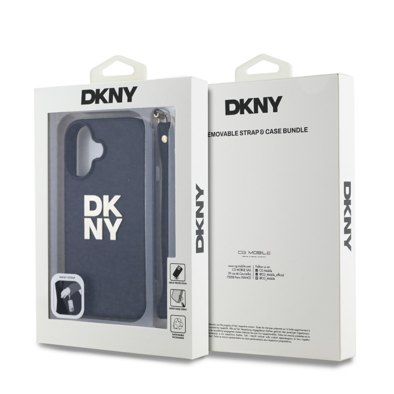 DKNY PU bőr Stack Logo csuklópánt hátlapi borító iPhone 16-hoz Fekete
