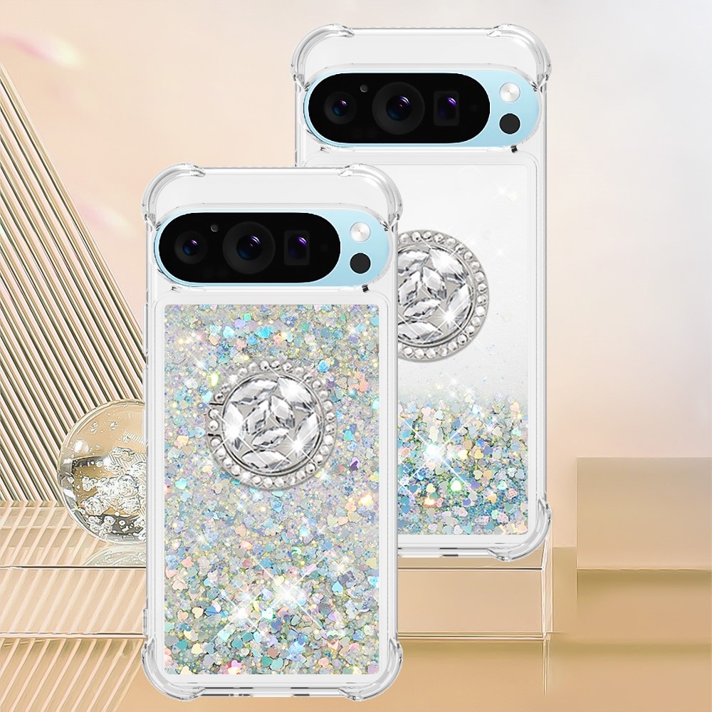 Glitt homokóra zselés tok ujjgyűrűvel a Google Pixel 10 számára - ezüst/szív