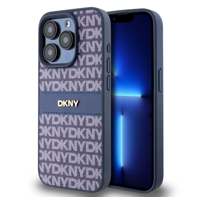 DKNY PU bőr ismétlődő mintás tonális csíkos hátlapi borító iPhone 15 Pro kékhez